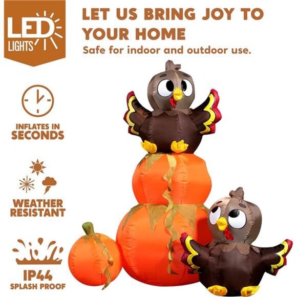 6 FT Thanksgiving Inflatable Stacking Pumpkin Turkey With Built-in LEDs - Picture 4 of 8